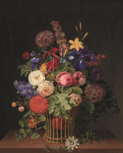 Um cesto de vime leve com flores, da autoria de C. D. Fritzsch de C. D. Fritzsch