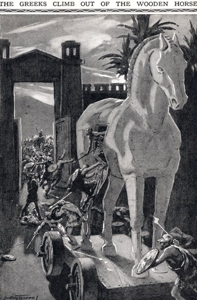 Os Gregos Sobem do Cavalo de Madeira, ilustração do 