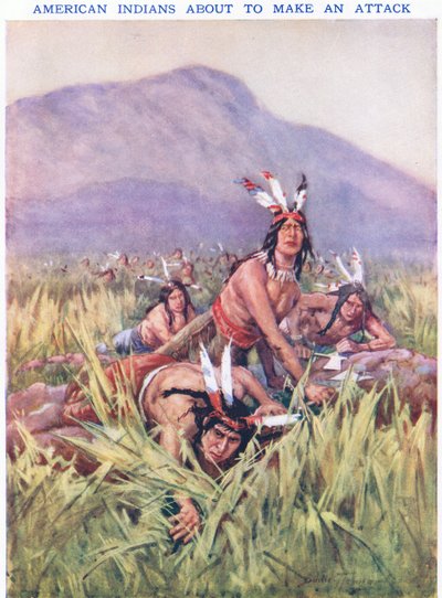 Índios americanos prestes a atacar (cor litho) de C. Dudley Tennant