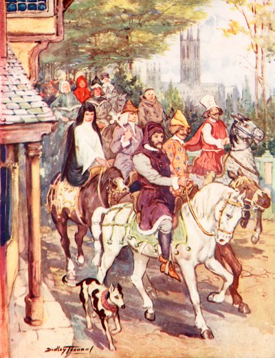 Chaucer cavalgando para Cantuária com os peregrinos (cor litho) de C. Dudley Tennant