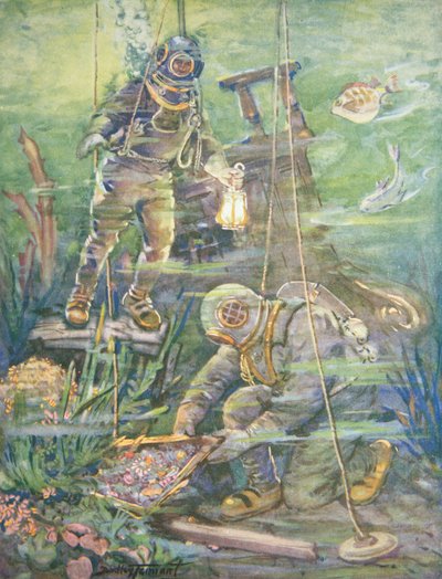 Mergulhadores do Mar profundo encontram Sunken Treasure, c.1890s (cor litho) de C. Dudley Tennant