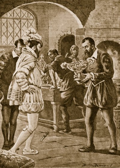 Francis I visitando Benvenuto Cellini na sua oficina (litho) de C. Dudley Tennant