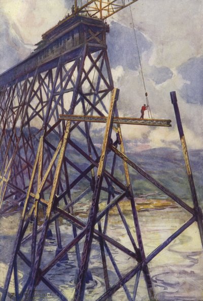Colocação do aço do Viaduto do Rio Batalha do Grand Trunk Pacific Railway, Canadá (cor litho) de C. Dudley Tennant