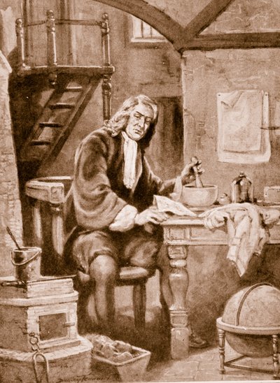 Sir Isaac Newton no seu pequeno quarto (litho) de C. Dudley Tennant