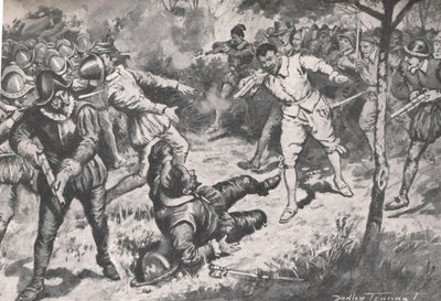 O Almirante, seguido pelo seu partido, correu de cabeça na Guarda Vera Cruz, ilustração de "British Battles on Land and Sea", publicado por Cassell, Londres, c.1910 (litho) de C. Dudley Tennant