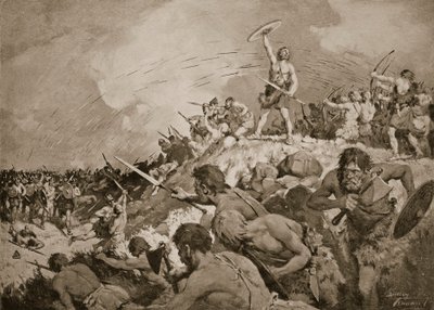 A Batalha de Mons Badonicus, c.500 d.C., ilustração de 