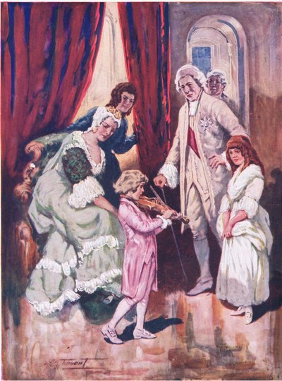 Ganhar os corações da sua audiência real: A primeira aparição de Mozart na Corte Austríaca (cor litho) de C. Dudley Tennant
