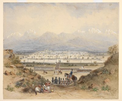 Um general revisando a cavalaria e a infantaria, que estão prestes a entrar em uma cidade murada em uma região montanhosa, talvez Kandahar (N.W.F.P.). 1843, depois de um esboço anterior. de C. Graham
