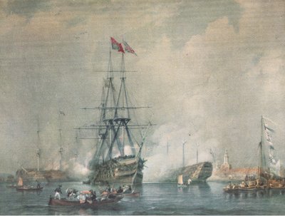 HMS Victory disparando uma Royal Salute no Portsmouth Harbour, da British Adventure, publicada por Collins, 1947 de C. J. M. Whichello