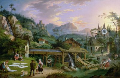 Picture Relógio com cena de uma paisagem alpina da vila com mecanismo de relógio na torre da igreja, 1833 (óleo na chapa de ferro) de C. L. Hoffmeister