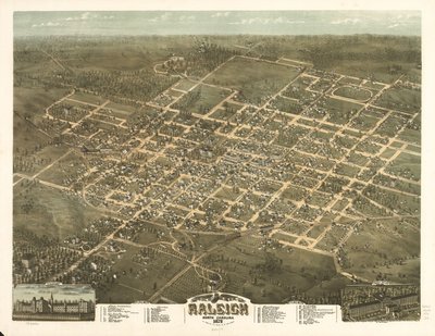 Vista aérea da cidade de Raleigh, Carolina do Norte 1872. de C. N. Drie