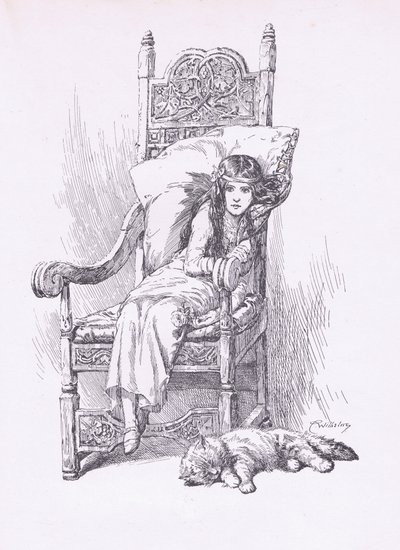 Apoiado na grande cadeira de braços, de The Child of the Air pub.by Duckworth de C. Wilhelm