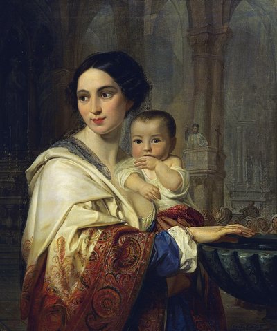 Mãe com criança nos braços a tirar água benta de Camilla Guiscardi