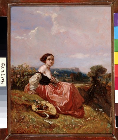 Jovem com o chapéu em frente ao Victoire de Sainte Mountain Pintura de Camille Roqueplan (1803-1855) Dim. 18x23 cm Menção obrigatória: Colecção de saudações de fundação da Provença, Marselha de Camille-Joseph-Etienne Roqueplan