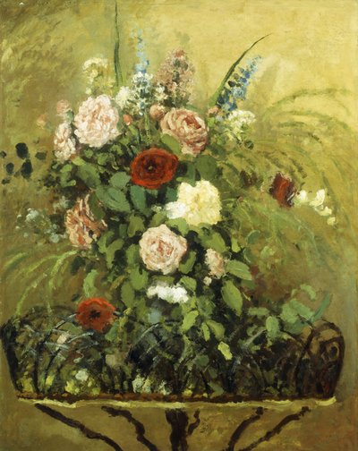 Buquê de flores com uma jardineira de madeira rústica; Buquê de flores, com plantador de madeira rústica, c.1876 de Camille Jacob Pissarro