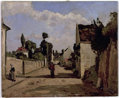 Rue de l&39;Hermitage, Pontoise, c.1867 (óleo sobre tela montado no painel) de Camille Jacob Pissarro