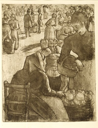 Mercado de Produtos Hortícolas em Pontoise, 1891 (gravura de solo mole e aquatinta) de Camille Jacob Pissarro