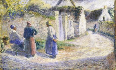 Village Street com três pessoas à direita de Camille Jacob Pissarro