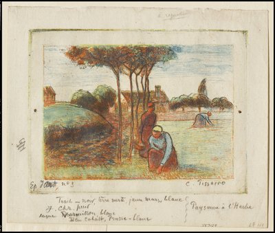 Mulheres Camponesas Removendo Ervas Daninhas, c.1894 (gravura impressa em azul, vermelho, amarelo e preto sobre papel creme) de Camille Jacob Pissarro