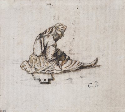 Estudo de uma figura feminina sentada a costurar, 1852.   de Camille Pissarro