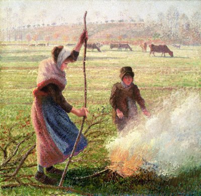 White Frost, mulher quebrando madeira de Camille Jacob Pissarro