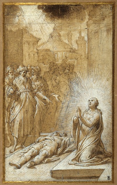 Santa rezando pelo corpo de um homem morto (caneta fina e tinta marrom com lavagem marrom e aumento) de Camillo Procaccini
