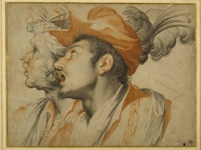 Grotesco de dois homens elegantemente vestidos cantando (giz preto e vermelho em papel branco) de Camillo Procaccini