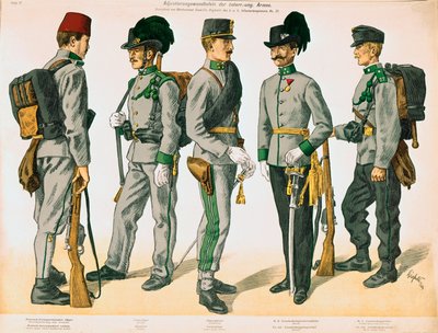 Cinco uniformes diferentes de soldados do exército austro-americano ... de Camillo Righetti