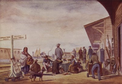Imigrantes numa estação de caminho de ferro, Toronto (litografia a cores) de Canadian School
