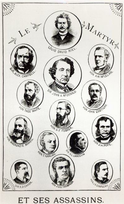 Louis Riel (1844-85) e seus assassinos, ilustração de Le Gibet de Regina, publicado em 1886 de Canadian School