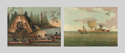 Acampamento indígena Mi&39;qmak em uma baía com Mi&39;qmaks atirando em gansos canadenses; e índios Mi&39;qmak caçando gansos do Canadá, início do século 19 (óleo sobre tela) de Canadian School