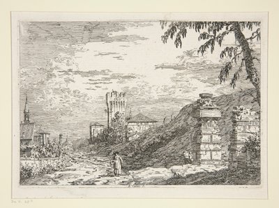 Paisagem com Torre e Dois Pilares Arruinados, da série Vedute (Vistas) de Canaletto (Giovanni Antonio Canal)
