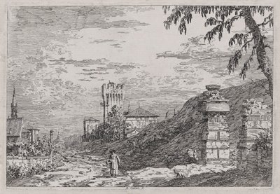 Paisagem com Torre e Dois Pilares Arruinados, da série Vedute (Vistas) de Canaletto (Giovanni Antonio Canal)