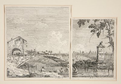 A carroça que passa sobre uma ponte [e] O pequeno monumento (debaixo de uma árvore), da série Vedute (Vistas) de Canaletto (Giovanni Antonio Canal)