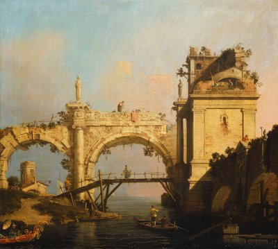 Um capricho de uma arcada renascentista em ruínas e um pavilhão por uma via navegável atravessada por uma passarela de madeira, um oriental em um barco decorado exoticamente em primeiro plano, de Giovanni Antonio Canal