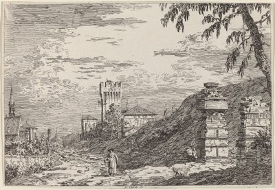 Paisagem com torre e dois pilares em ruínas, c. 17351746. de Canaletto