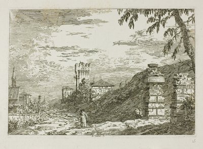 Paisagem com torre e dois pilares em ruínas, de Vedute de Canaletto