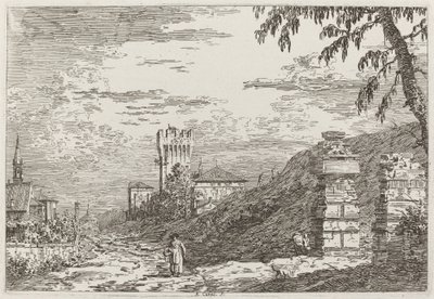 Paisagem com torre e dois pilares em ruínas [esquerda], c. 17351746. de Canaletto