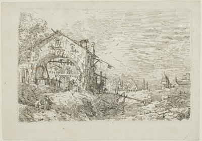 Paisagem com uma mulher em um poço, de Vedute de Canaletto