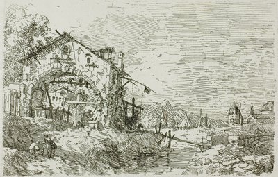 Paisagem com uma mulher em um poço, de Vedute de Canaletto