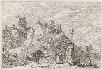 Paisagem com o Peregrino em Oração [superior esquerdo], c. 17351746. de Canaletto