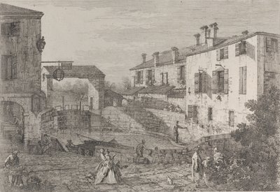 Le porte del Dolo: a bacia oval das eclusas de Dolo, com uma barca ancorada no cais..., 1735-46. de Canaletto