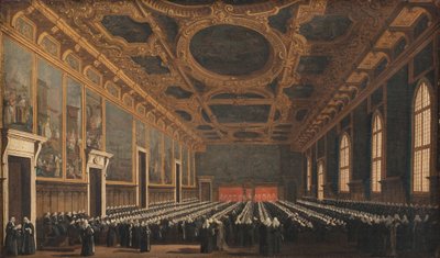 O Doge e o Grande Conselho na Sala del Maggior Consiglio de Canaletto