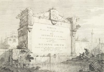 Folha de rosto com grande parede de ruína clássica, com figura sentada à direita..., 1735-46. de Canaletto