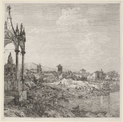 Vista de uma cidade com o túmulo de um bispo, c. 1740. de Canaletto
