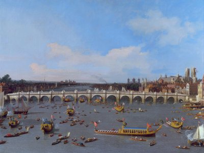 Westminster Bridge, com a procissão do lorde prefeito no Tamisa de Giovanni Antonio Canal