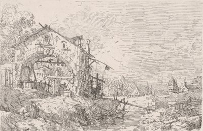 Mulher tirando água de um poço sob uma arcada à esquerda, com uma paisagem à direita, 1..., 1717-68. de Canaletto