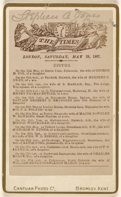 [Página de anúncio de nascimento do "The Times", Londres, Sábado, 28 de maio de 1887] de Cantuar Photographic Company
