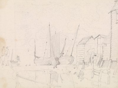 Esboço de Barcos à Vela e Stilt Cottages, Hastings de Capt. Thomas Hastings