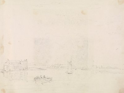 Esboço de Barcos e de um Grande Edifício, do outro lado do rio Medina de Capt. Thomas Hastings